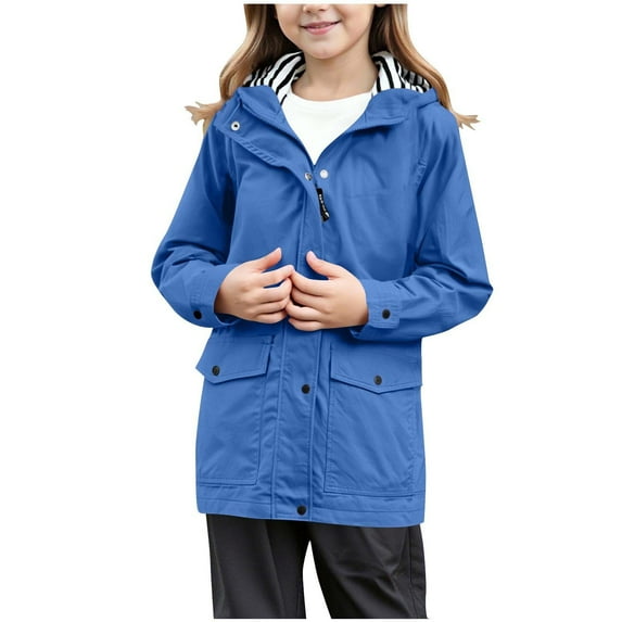 dazeni Big Girls Lightwieght Fall Winter Jackets Striped Lined Waterproof Rain Jacket Mid Length Windbreaker Full Zip Raincoat with Hood Blue 7 Years