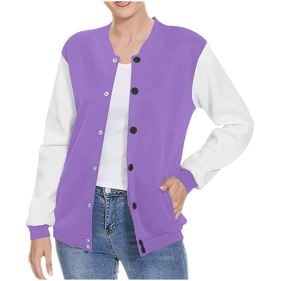 dazeni Bomber Jacket for Women Lightweight Varsity Casual Button Down Coat Fall Color Block Long Sleeve Baseball Jackets Crewneck Outwear with Pocket
