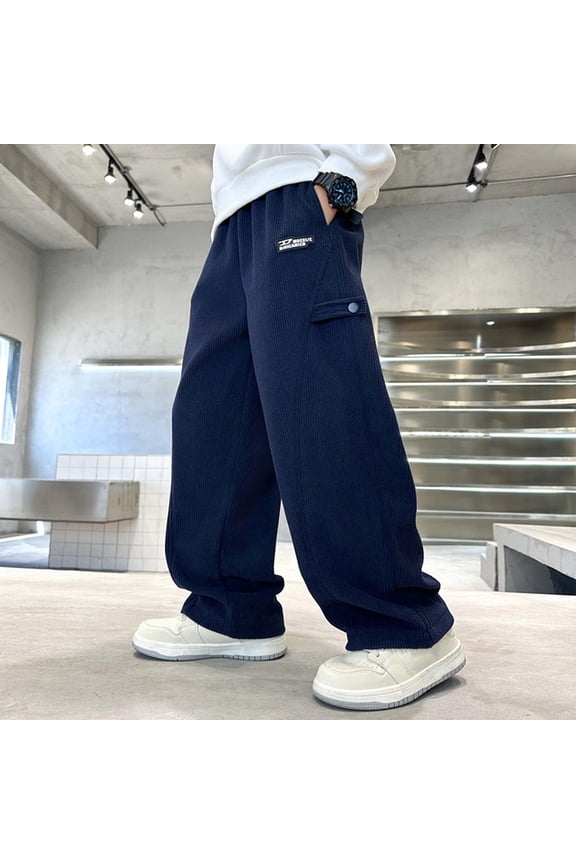 Boy's Corduroy Wide Leg Sweatpants Baggy Pants Athletic Track Pants Casual Loose Parachute Pant with Pockets Navy 7-8 Years