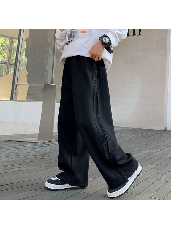 Boy's Wide Leg Baggy Sweatpants High Waisted Parachute Pant Solid Elastic Waiste Athletic Track Pants Youth Trendy Sports Comfy Clothes Black 11-12 Years