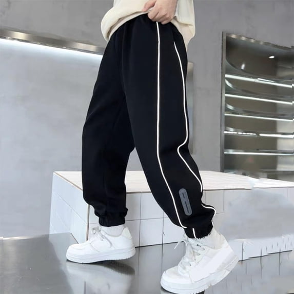 dazeni Boys 2-15 Years Jogger Sweatpants Comfy Cotton Striped Baggy Sweatpants High Waisted Drawstring Lounge Trousers with Pockets Black