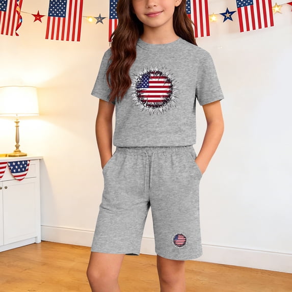 dazeni Boys 4th of July Outfit Kids American Flag Short Sleeve T-Shirt & Shorts Set for Independence Day Gray 13 Years