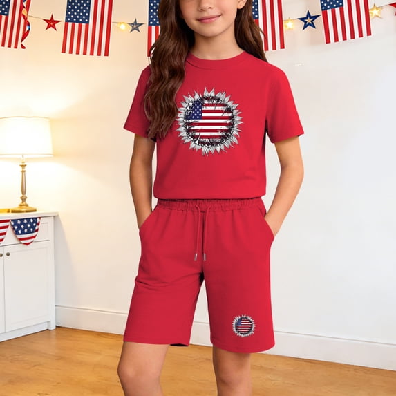 dazeni Boys 4th of July Outfit Kids American Flag Short Sleeve T-Shirt & Shorts Set for Independence Day Red 9 Years
