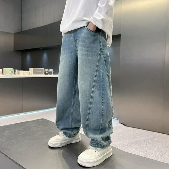 dazeni Boys Baggy Jeans for Kids Teen Girls Y2K Parachute Pants Casual Wide Leg Cargo Jeans Loose Elastic Waist Denim Pants with Pockets Streetwear Blue3
