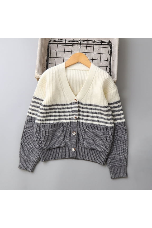 Boys Button Down Sweater Cardigan Knit V Neck Jumper Jackets for Kids Color Block Long Sleeve Top for School Christmas Family Photo Outfits & Holiday Gifts Gray 5 Years