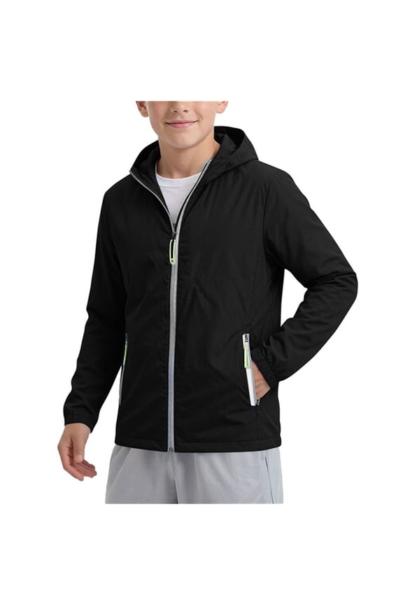 Boys Casual Rain Jacket Reflective Zip up Hiking Outwear for Kids Lightweight Soft Shell Hooded Coat with Pockets Summer Clothes Black 11-12Years