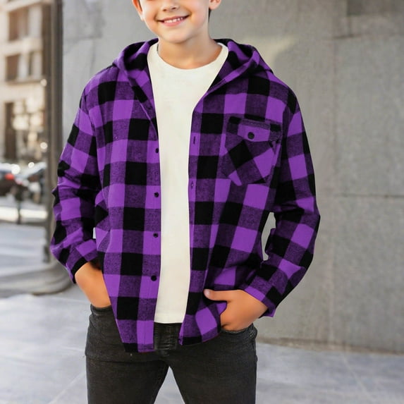 dazeni Boys Fall Plaid Shirts Jackets Casual Classic Hoodies Coat Lightweight Long Sleeve Button up Shirts Outwear with Chest Pocket Purple 12-13Years