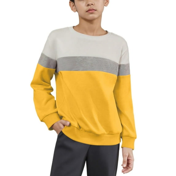dazeni Boys Fashion Patchwork Pullover Tops Casual Color Block Fleece Lined Drop Shoulder Sweatshirts Loose Long Sleeve Crewneck Sweatshirt for Everyday Wear Yellow 13 Years