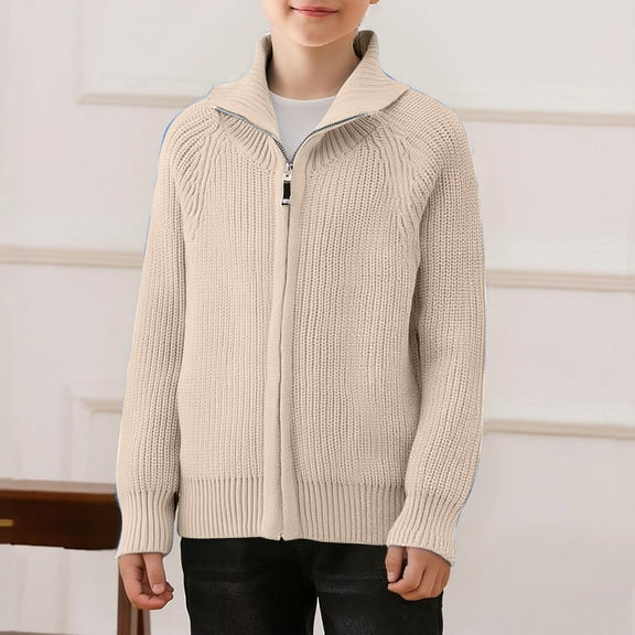 dazeni Boys Full Zipper Cardigan Jackets Casual Stand Collar Cardigan Sweater Fashion Texture Ribbed Knit Long Sleeve Sweater Fall Winter Outwear for School Beige 3 Years