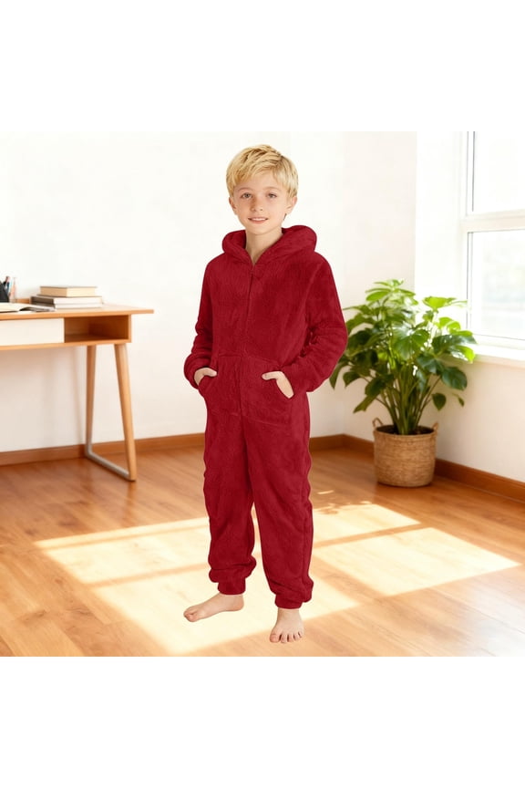 Boys Fuzzy Fleece Jumpsuit with Pockets Cozy Zip up Hooded Onesie Comfy Plush Sherpa Long Sleeve Romper Cute Bear One Piece Outfits Red 4-5 Years