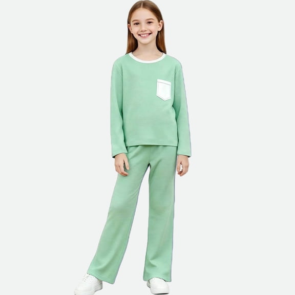 dazeni Boys Girls 2-15 Years 2 Piece Outfits Color Block Long Sleeve Tops and Straight Leg Pants Lightweight Spring Fall Housewear Sleepwear Green 2-3Years