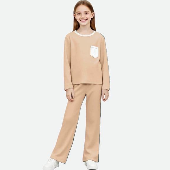 dazeni Boys Girls 2-15 Years 2 Piece Outfits Color Block Long Sleeve Tops and Straight Leg Pants Lightweight Spring Fall Housewear Sleepwear Khaki 4-5Years