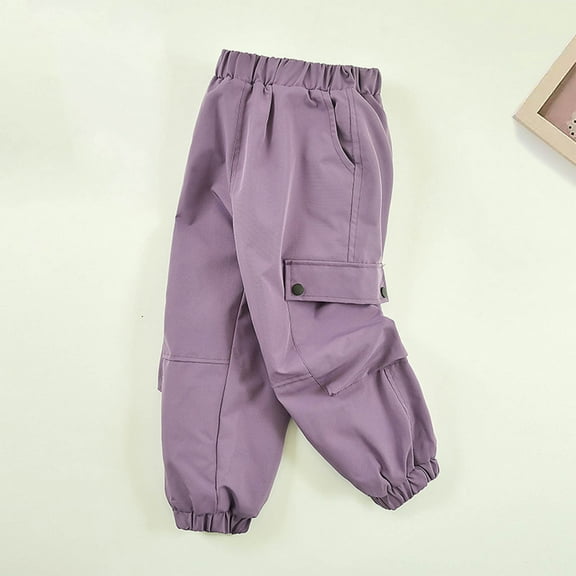 dazeni Boys Girls 3-15 Years Cargo Jogger Pants Loose Casual Elastic Waisted Pants with Pockets Fleece Lined Outdoor Trousers for Cool Weather Purple
