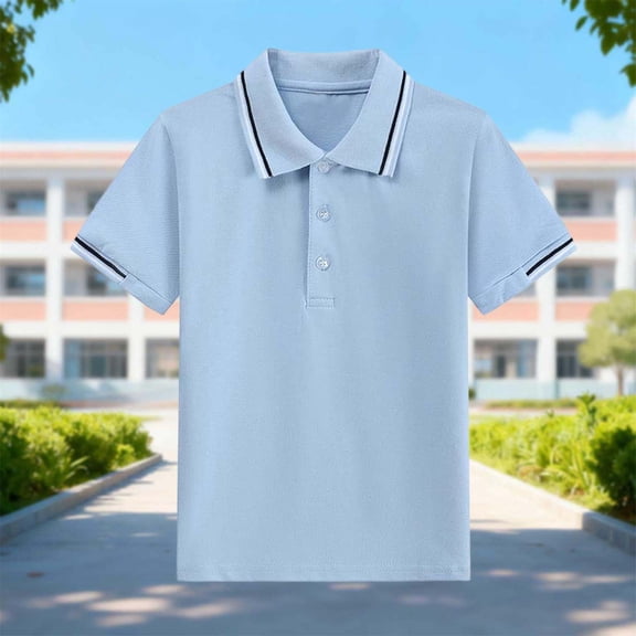 dazeni Boys Girls School Uniform Shirts Fashion Striped Half Button Golf Tshirts Summer Lapel Shorts Sleeve Tee Loose Casual Blouse Blue