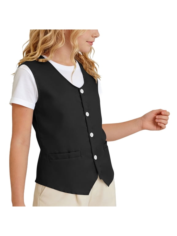 Boys Girls V Neck Button Down Vest Volunteer Activity Uniform Waistcoat Solid Casual Sleeveless Vest Outwear for Travel Black 9-10Years