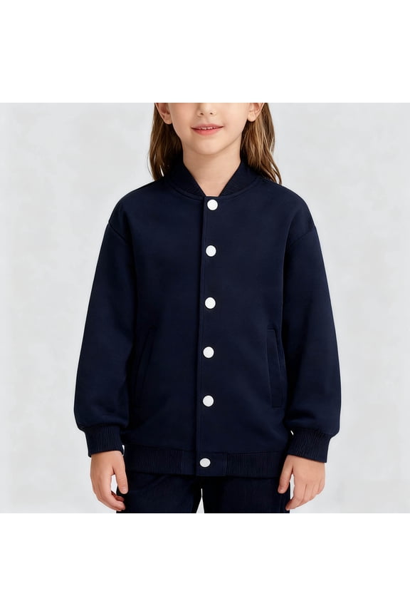 Boys Girls Varsity Jacket Solid Clole Crewneck Baseball Jacket Casual Button Down Bomber Coat School Uniform with Pockets