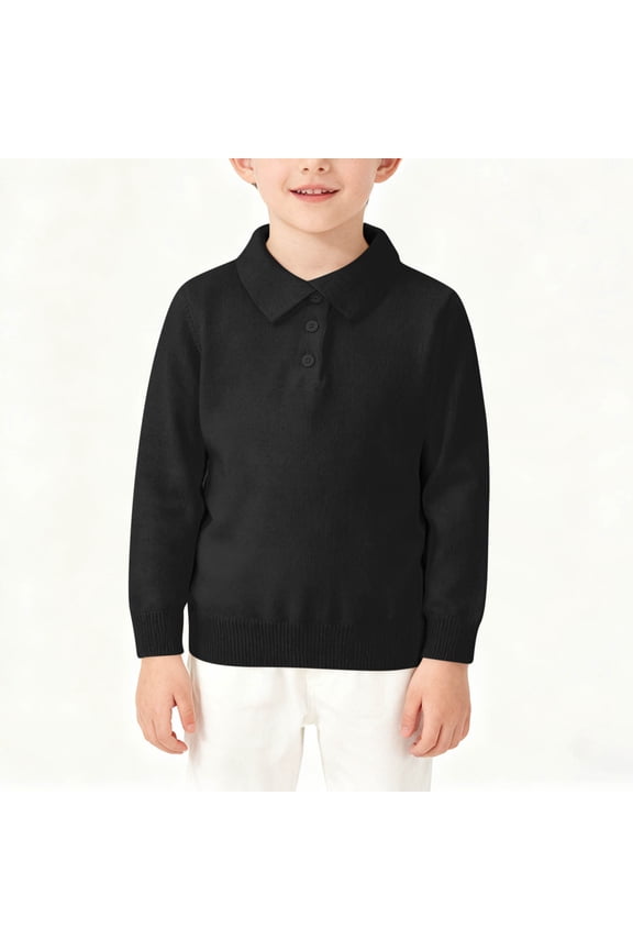 Boys Knit Golf Shirts Solid Long Sleeve Sweater Fashion Lapel Half Button Pullover Tops Spring Fall Preppy Clothes Black 8 Years