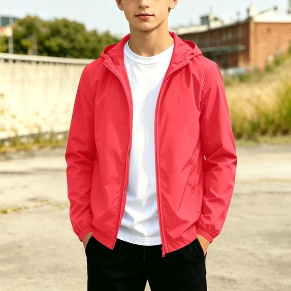 dazeni Boys Lightweight Waterproof Rain Jacket Solid Winderbreaker Soft Shell Jackets Casual Windp Red