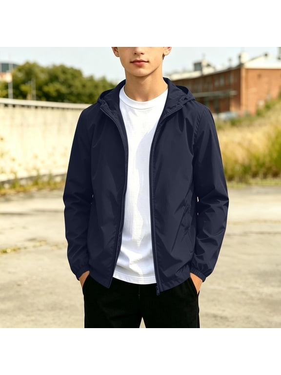 Boys Lightweight Waterproof Rain Jacket Solid Winderbreaker Soft Shell Jackets Casual Windproof Zip Up Jackets with Hood for Hiking Running Outwear