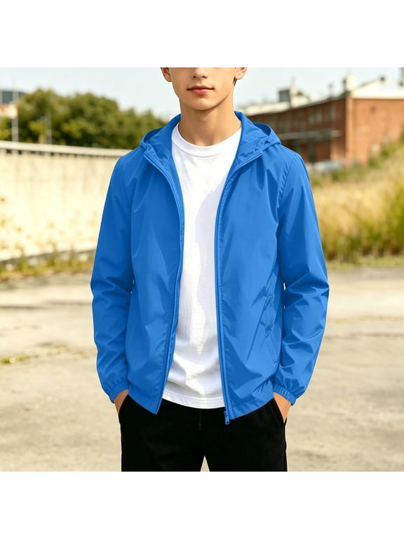 Boys Lightweight Waterproof Rain Jacket Solid Winderbreaker Soft Shell Jackets Casual Windproof Zip Up Jackets with Hood for Hiking Running Outwear