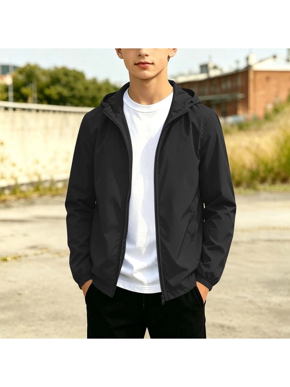 Boys Lightweight Waterproof Rain Jacket Solid Winderbreaker Soft Shell Jackets Casual Windproof Zip Up Jackets with Hood for Hiking Running Outwear