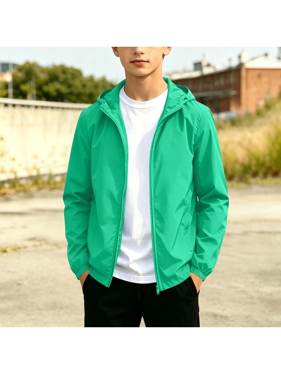 Boys Lightweight Waterproof Rain Jacket Solid Winderbreaker Soft Shell Jackets Casual Windproof Zip Up Jackets with Hood for Hiking Running Outwear