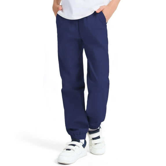 dazeni Boys Pocketed Jogger Sweatpants Elasith High Waisted Workout Active Joggers Comfy Cotton Solid Color Cinch Bottom Trousers Navy
