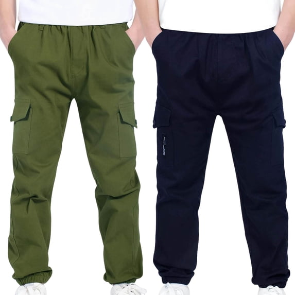dazeni Boys Pull on Cargo Pants 2 Pack Elastic Waisted Jogger Pants Casul Chino Trousers with Pockets Back to School Clothes Navy2