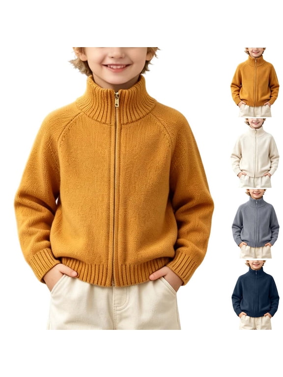 Boys School Uniform Jacket Ribbed Cuff Zip up Sweater Jackets Kids Stand Collar Kintted Long Sleeve Open Front Cardigan Tops Beige 10-11 Years