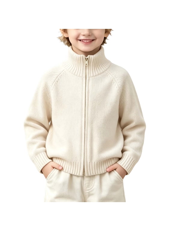 Boys School Uniform Jacket Ribbed Cuff Zip up Sweater Jackets Kids Stand Collar Kintted Long Sleeve Open Front Cardigan Tops Beige 4-5 Years