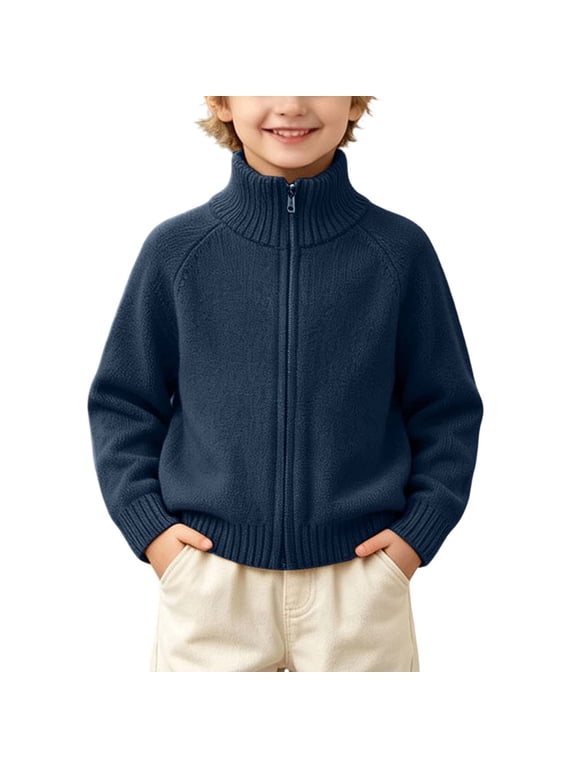 Boys School Uniform Jacket Ribbed Cuff Zip up Sweater Jackets Kids Stand Collar Kintted Long Sleeve Open Front Cardigan Tops Navy 8-9 Years