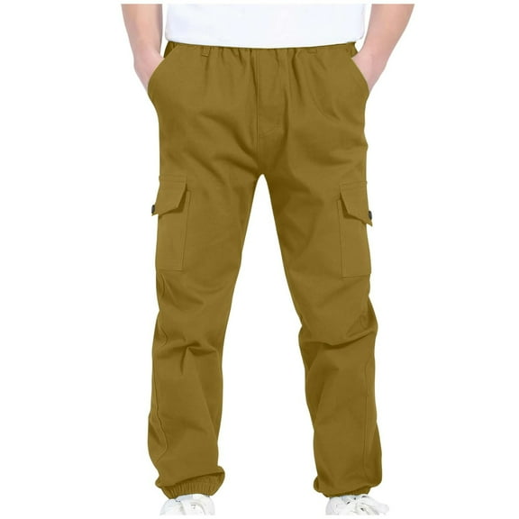 dazeni Boys School Uniform Pants Casual Cargo Jogger Pants Solid Color High Waisted Elastic Bottom Pants with Pockets Khaki