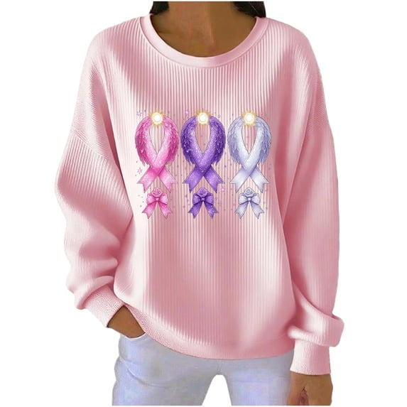 dazeni Breast Cancer Awareness Sweatshirt for Women Pink Ribbon Graphic Crewneck Sweatshirts In October We Wear Pink Ribbed Knit Long Sleeve Pullover