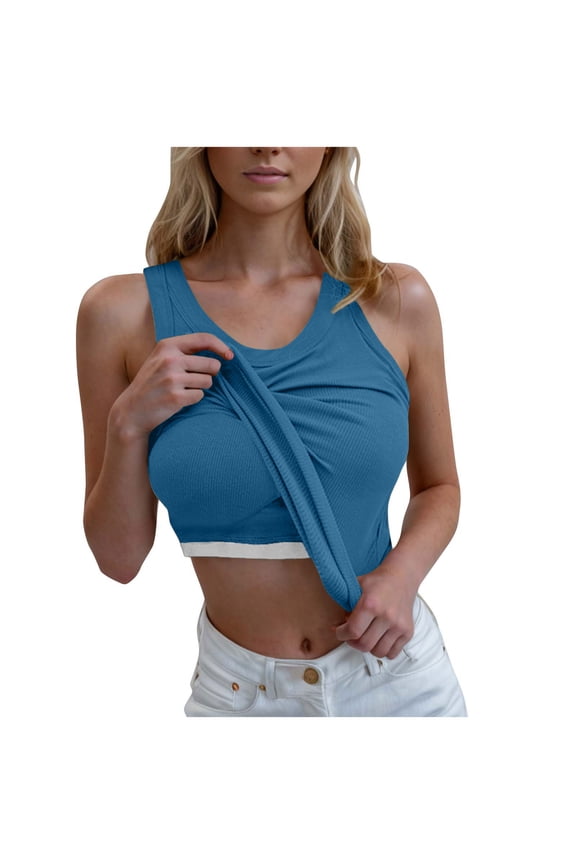 Built in Bra Tank Tops for Women Sleeveless Scoop Neck Ribbed Tank Top Fitted Summer Basic Cami T-Shirts Comfy Breathable Undershirts