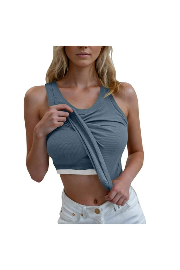 Built in Bra Tank Tops for Women Sleeveless Scoop Neck Ribbed Tank Top Fitted Summer Basic Cami T-Shirts Comfy Breathable Undershirts