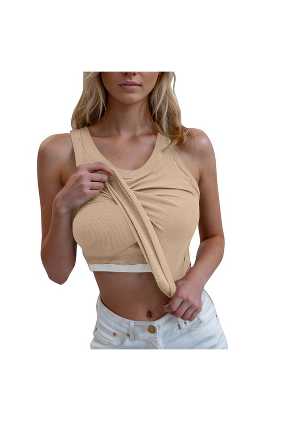 Built in Bra Tank Tops for Women Sleeveless Scoop Neck Ribbed Tank Top Fitted Summer Basic Cami T-Shirts Comfy Breathable Undershirts