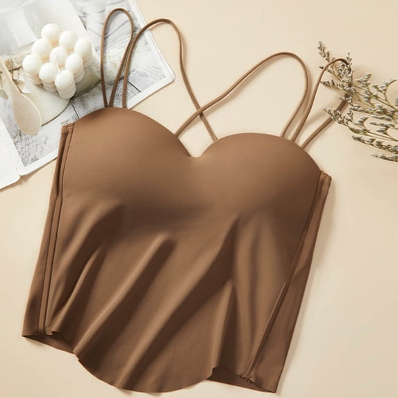 dazeni Bulit in Bra Tank Tops for Women Double Lined Padded Cami Scoop Neck Spaghetti Straps Basic Undershirts Coffee Free Size