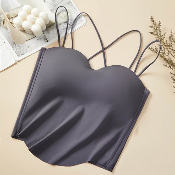 dazeni Bulit in Bra Tank Tops for Women Double Lined Padded Cami Scoop Neck Spaghetti Straps Basic Undershirts Gray Free Size