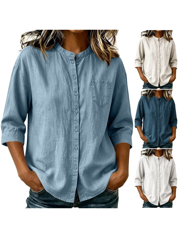 Women's 3/4 Sleeve Linen Tops Button Down Shirts Casual Lightweight Crewneck Tee Work Travel Blouse Khaki X-Large