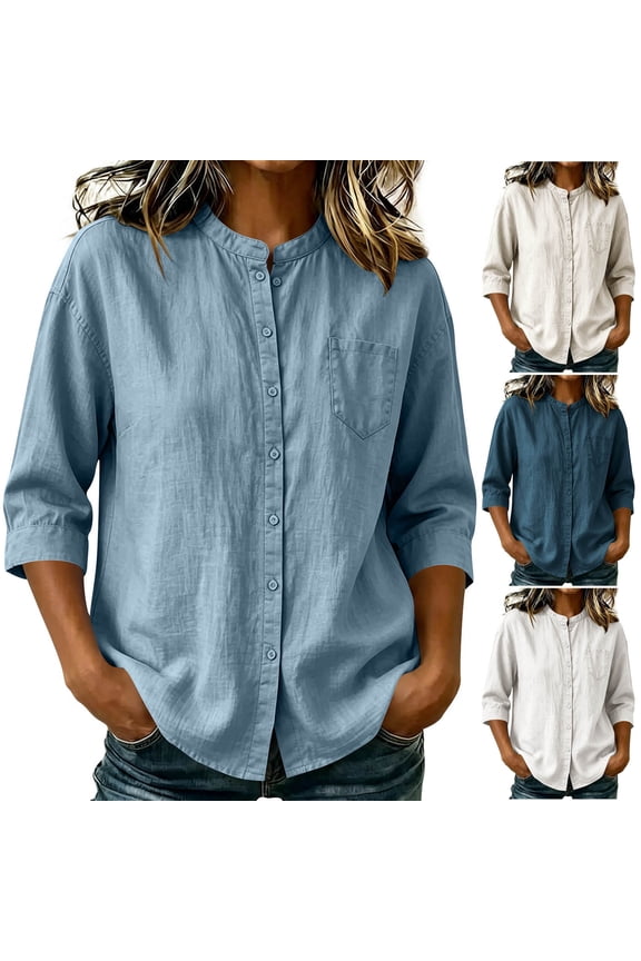 Womens Puff Sleeve Button Down Shirts Casual Lightweight Chambray Tops Work Travel Blouse Light Blue Large