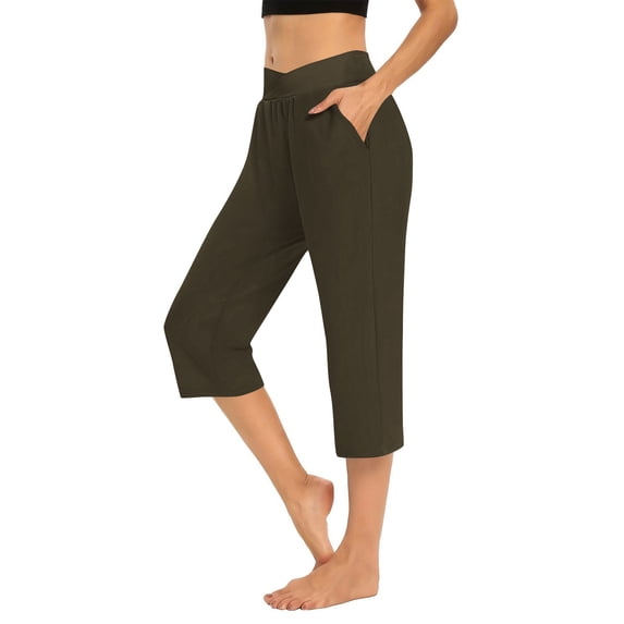 dazeni Capri Pants for Women V Cross Waisted Workout Yoga Capris Leggings Straight Leg Athletic Cropped Pants with Pockets Brown L