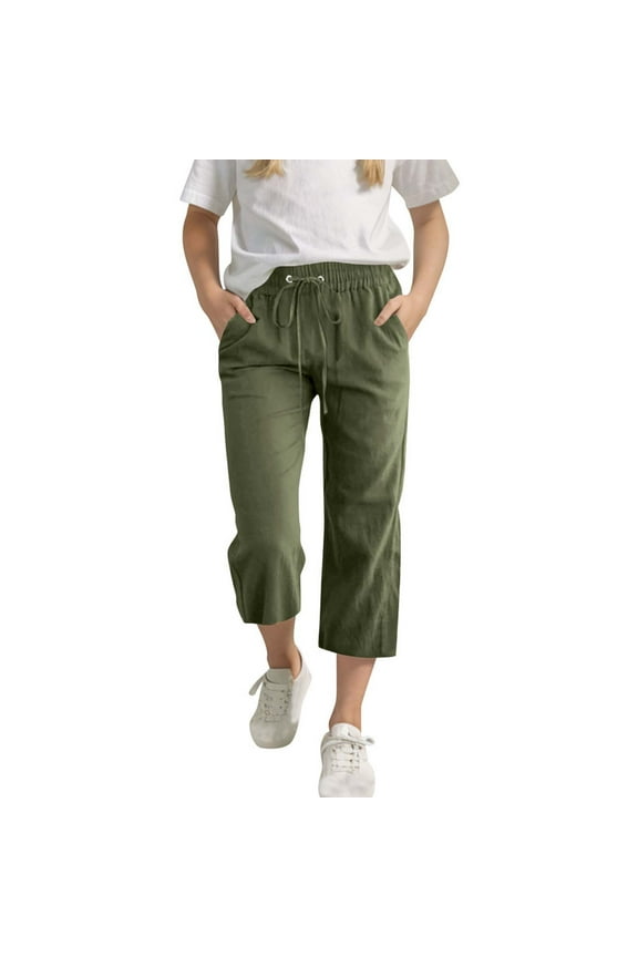 Capris Pants for Girls Casual Loose Cotton Linen Cropped Pants Comfy Straight Wide Leg Drawstring Elastic Waist Sweatpants with Pockets