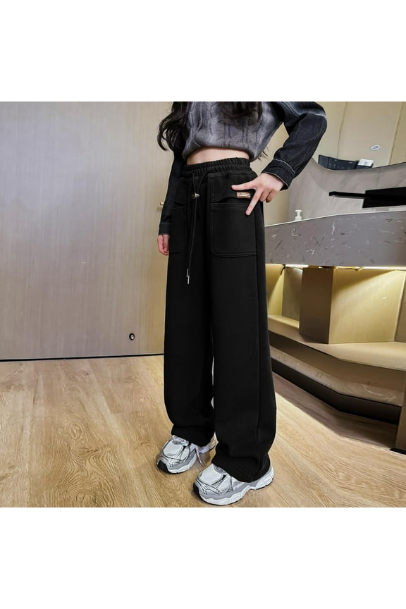 Cargo Pants for Girl Teen Baggy Parachute Trouser with Pocket Tween Wide Leg Y2K Sweatpant Hip Hop Dance Jogger Open Bottom Black
