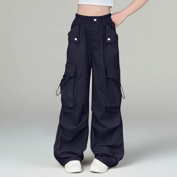 dazeni Cargo Pants for Girls Trendy Cute High Waisted Workout Hiking Pants Casual Baggy Boy Joggers Sweatpants with Pockets Black