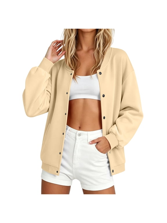 Casual Bomber Jackets for Women Fall Button up Long Sleeve Sweatshirt Jacket Loose Snap Button Sweatshirts with Pockets Solid Fall Outwear Khaki Medium