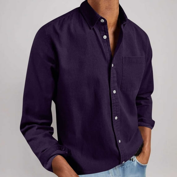 dazeni Casual Button Down Shirts for Mens Soft Cotton Linen Long Sleeve T Shirts Solid Lapel Work Blouse Small Purple