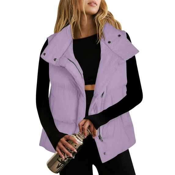 dazeni Casual Button Down Quilted Vest for Women Lightweight Stand Collar Sleeveless Puff Jackets Winter Insulated Padded Puffy Jackets Waistcoat with Pockets Purple L