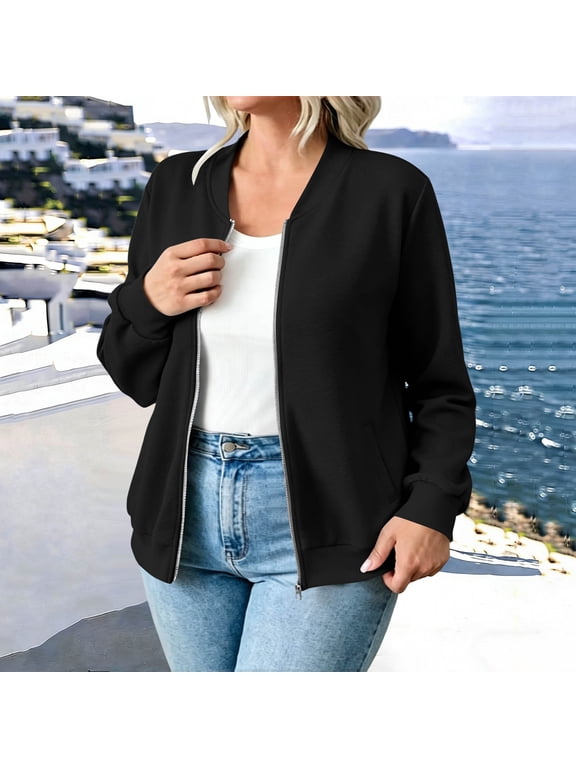 Casual Jackets for Women Lightweight Zip up Sweatshirt Bomber Jacket Long Sleeve Coat Solid Fall Outwear with Pockets Black Small