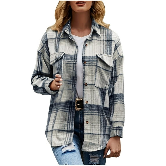 dazeni Women's Flannel Plaid Shirt Long Sleeve Button Down Shacket Jackets Coat Casual Shirt with Pockets