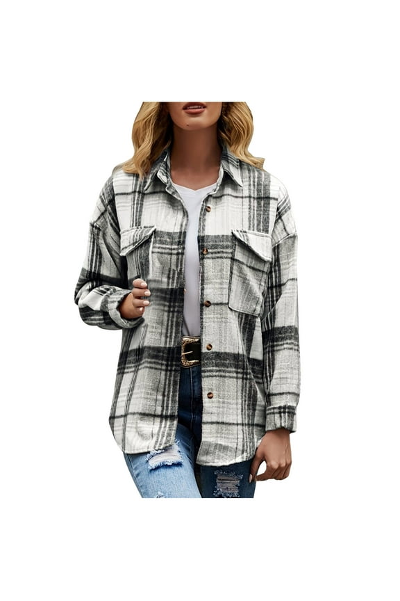 Women's Flannel Plaid Shirt Long Sleeve Button Down Shacket Jackets Coat Casual Shirt with Pockets